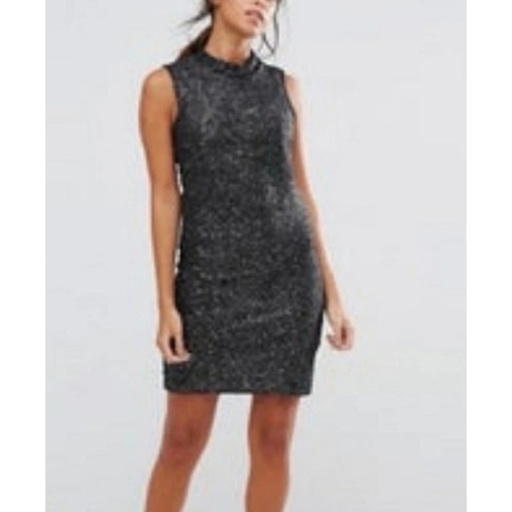 Vero Moda MONIA Black Silver Metallic Textured Mock Neck Mini Dress Size 34 6
